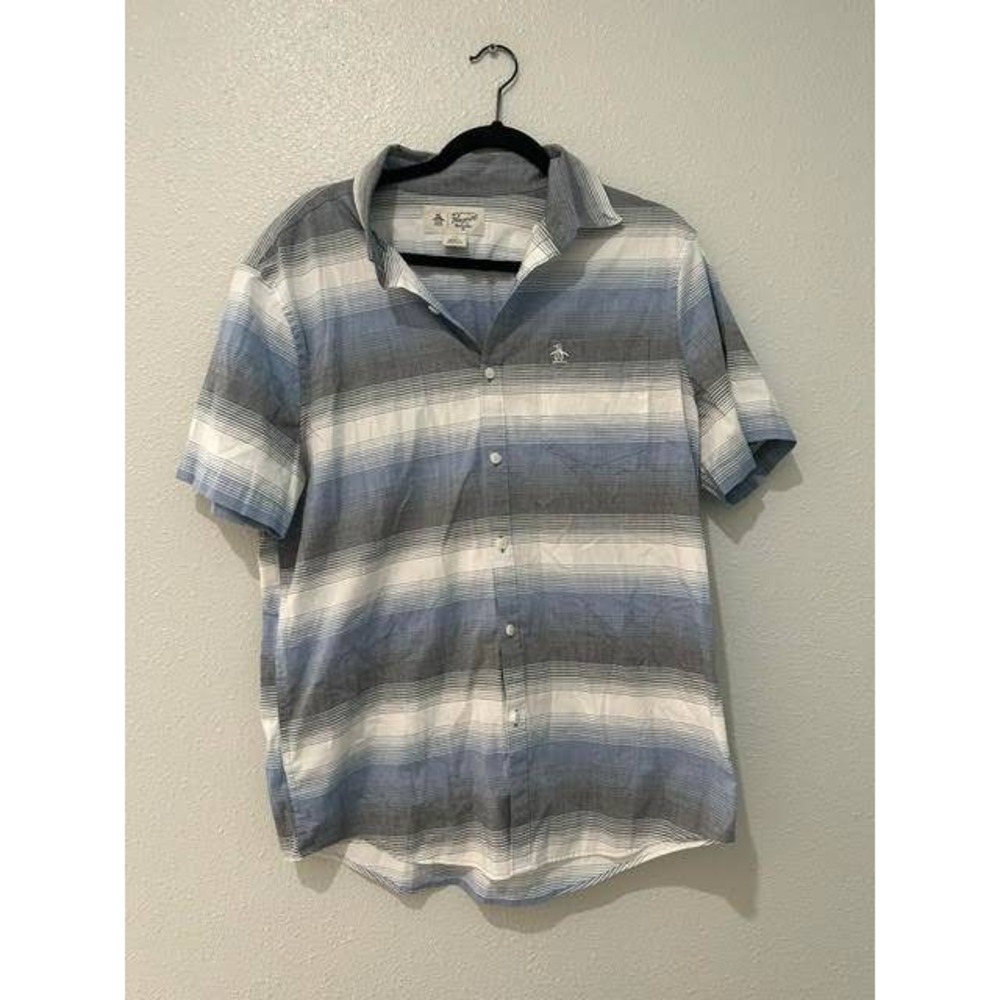 Original Penguin Mens Blue Grey Striped Short Sleeve Button Down Shirt Large